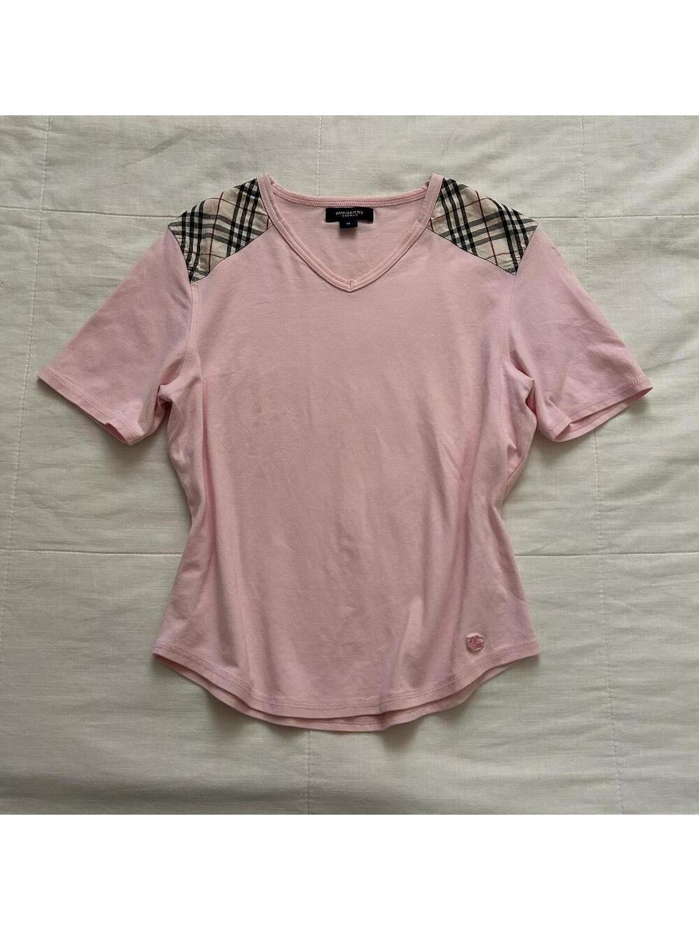 Y2K pink baby tee with plaid shoulders detail size XXS